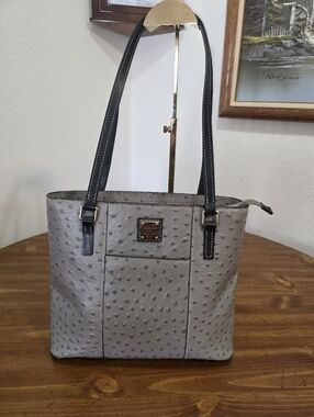 Dooney & Bourke Smalll Lexington Gray Ostrich-Embossed Tote with Black Straps